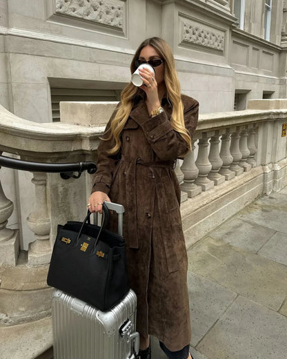 Women's Long Suede Trench Coat | Winter Coat | Faux Suede | Longline Belted Overcoat | Steven & Levon