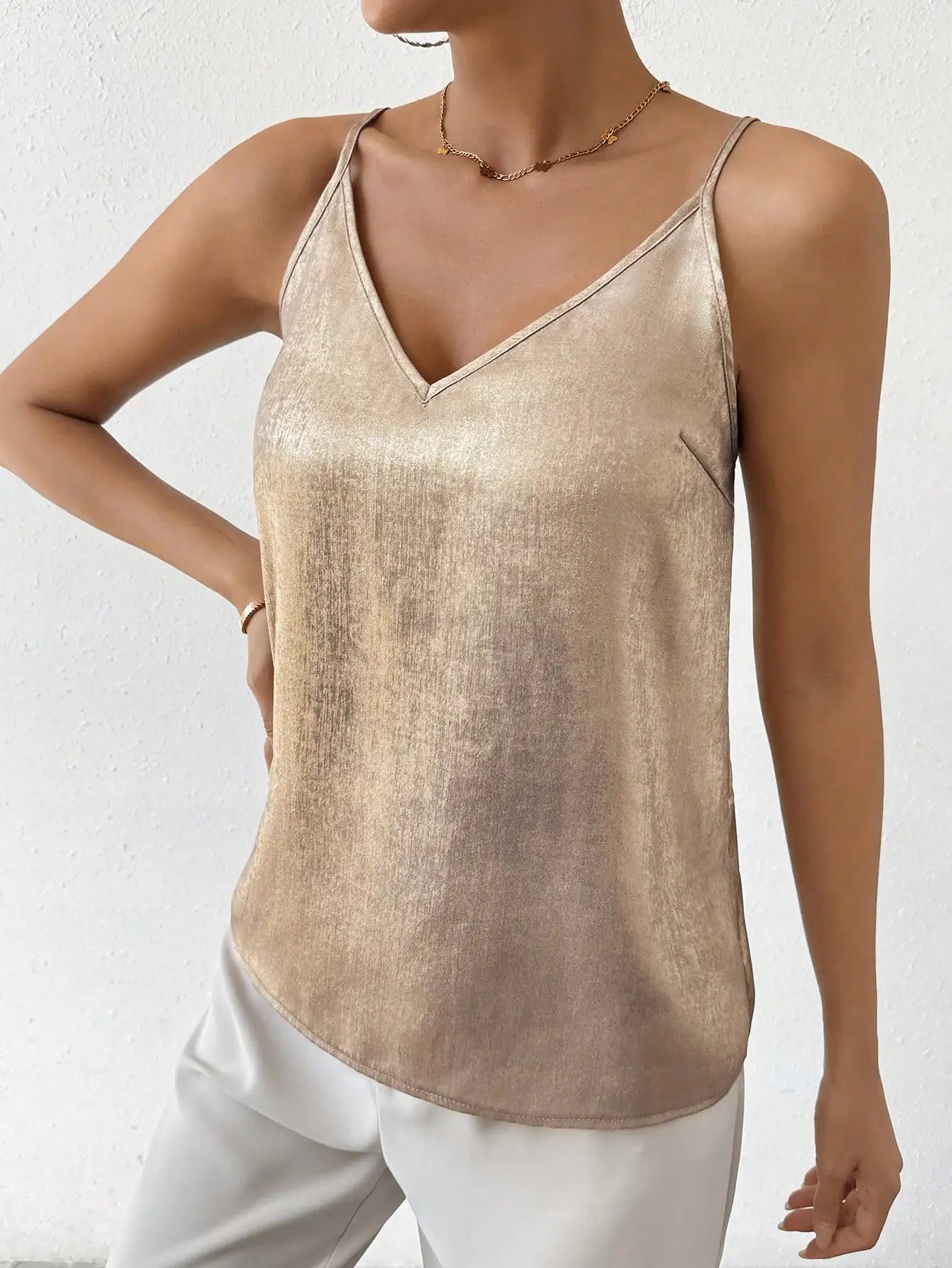 Women’s Metallic V-Neck Tank Top | Women | Metallic Fabric Blend | Adjustable Spaghetti Strap Cami Top | Steven & Levon