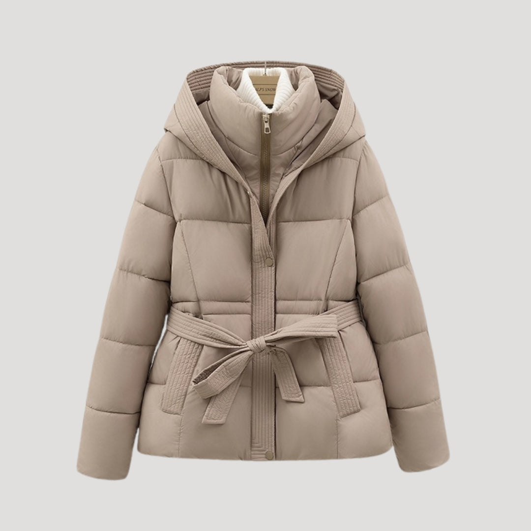 Women's Puffer Jacket | Brown Hooded Belted | Lightweight Warm Winter Outerwear | Steven & Levon