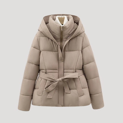 Women's Puffer Jacket | Brown Hooded Belted | Lightweight Warm Winter Outerwear | Steven & Levon