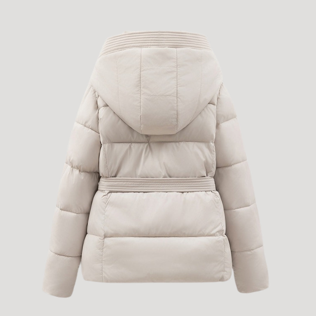Women's Puffer Jacket | Brown Hooded Belted | Lightweight Warm Winter Outerwear | Steven & Levon
