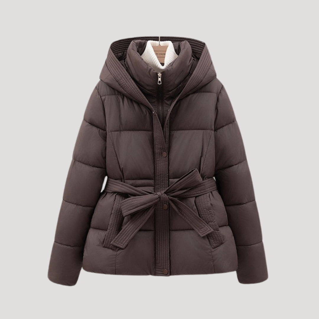 Women's Puffer Jacket | Brown Hooded Belted | Lightweight Warm Winter Outerwear | Steven & Levon