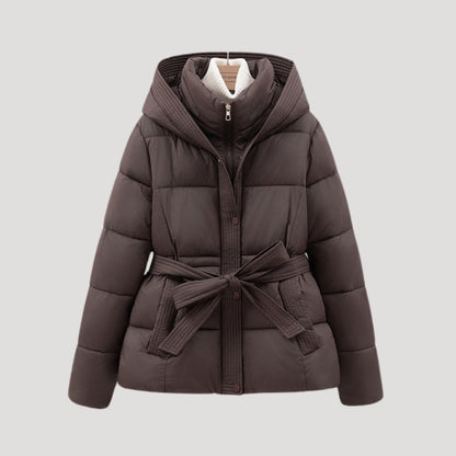 Women's Puffer Jacket | Brown Hooded Belted | Lightweight Warm Winter Outerwear | Steven & Levon