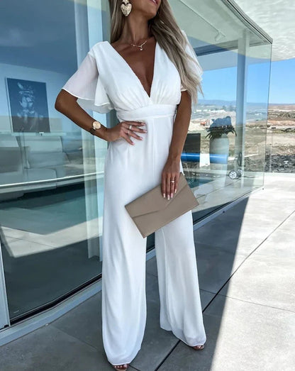 Women's Ruffle Sleeve Jumpsuit | Wide Leg | Elegant Relaxed Fit | Steven & Levon