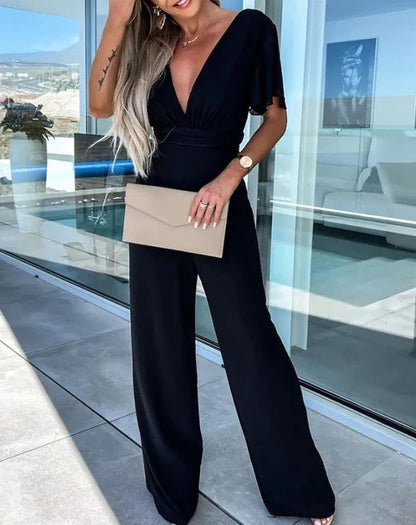 Women's Ruffle Sleeve Jumpsuit | Wide Leg | Elegant Relaxed Fit | Steven & Levon