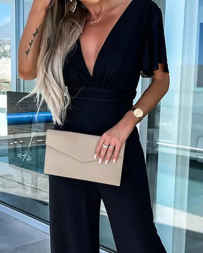 Women's Ruffle Sleeve Jumpsuit | Wide Leg | Elegant Relaxed Fit | Steven & Levon