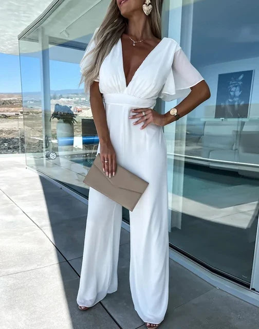 Women's Ruffle Sleeve Jumpsuit | Wide Leg | Elegant Relaxed Fit | Steven & Levon