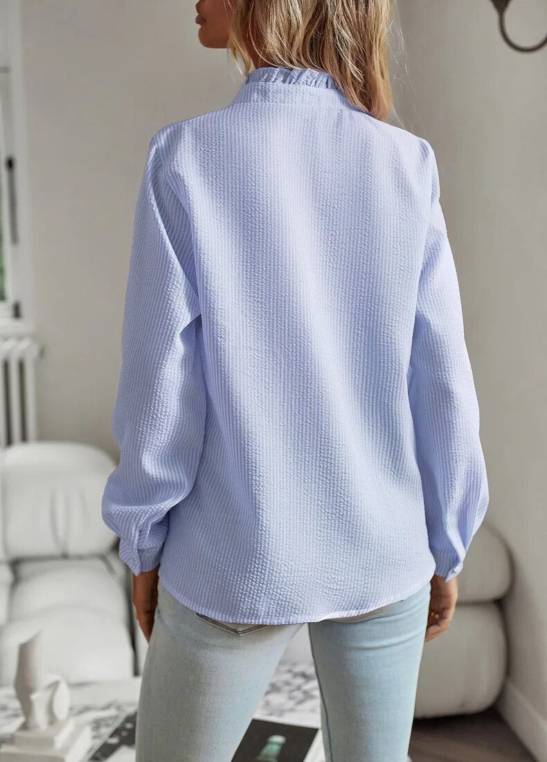 Ruffled Button-Up Blouse | Women | Breathable Fabric | Textured Ruffle Trim Long Sleeve Top | Steven & Levon
