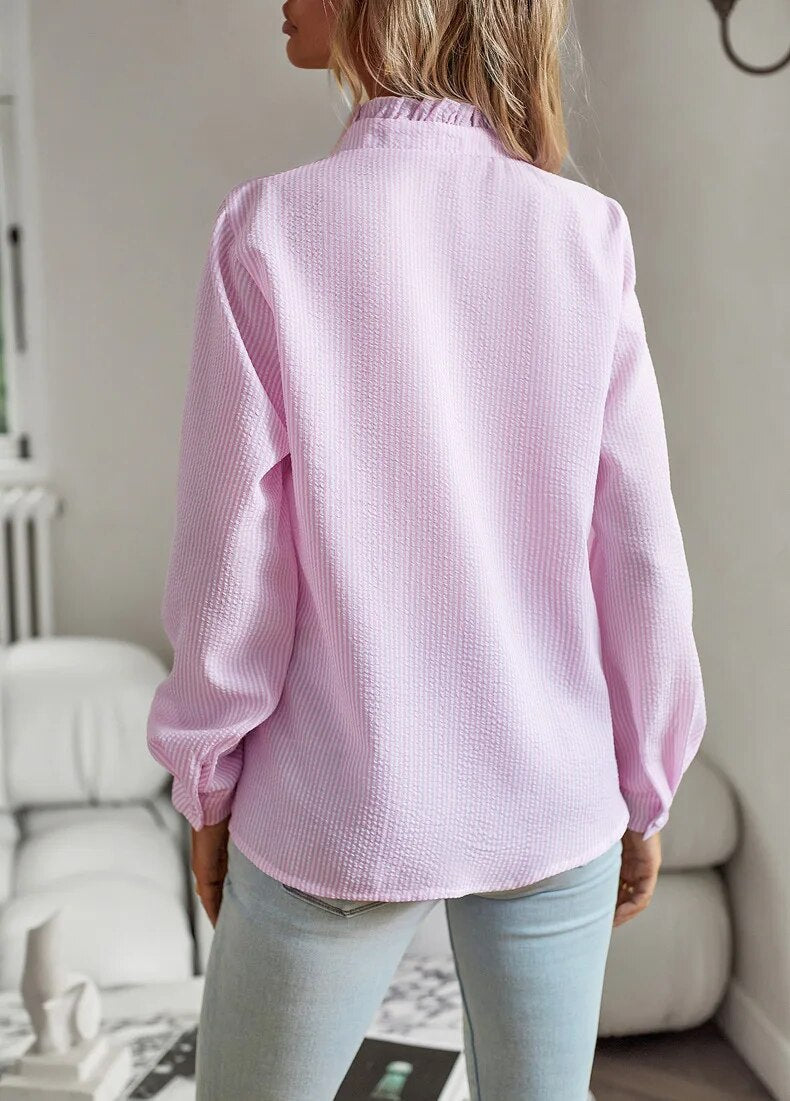 Ruffled Button-Up Blouse | Women | Breathable Fabric | Textured Ruffle Trim Long Sleeve Top | Steven & Levon