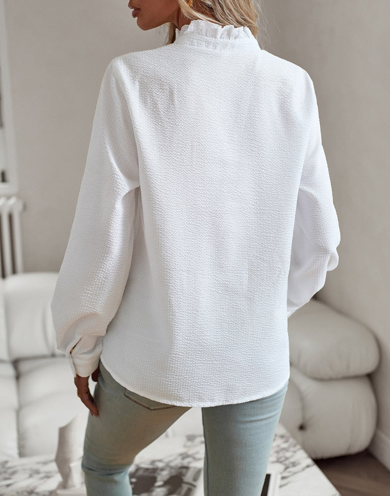 Ruffled Button-Up Blouse | Women | Breathable Fabric | Textured Ruffle Trim Long Sleeve Top | Steven & Levon
