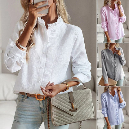 Women’s Ruffled Button-Up Blouse | Long Sleeve Textured Top | Breathable Fabric | Steven & Levon