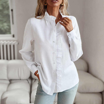 Women’s Ruffled Button-Up Blouse | Long Sleeve Textured Top | Breathable Fabric | Steven & Levon