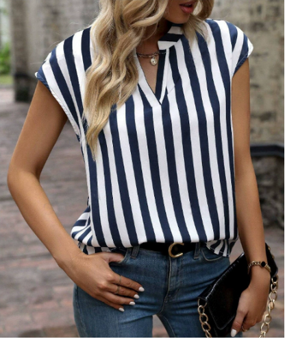 Women's Striped Sleeveless Blouse | Summer Top | 100% Polyester | V-Neck Collared Vertical Stripe Regular Fit | Steven & Levon