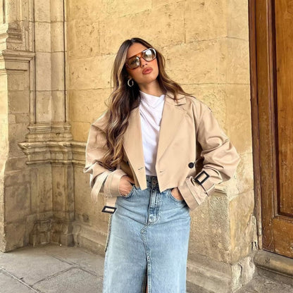 Women's Short Trench Coat | Women | Lightweight Fabric Blend | Double-Breasted | Steven & Levon