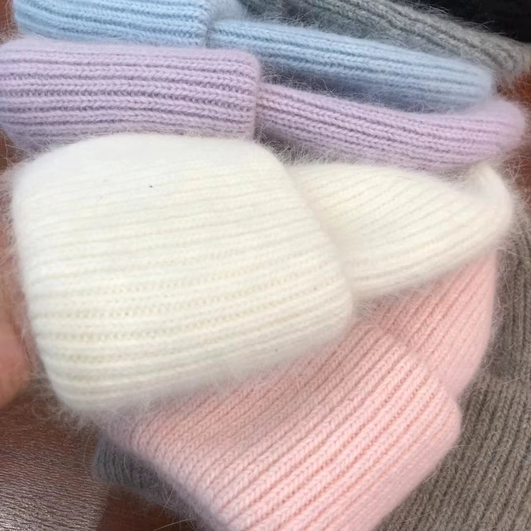 Rabbit Hair Hoodie | Women's Warm Knitted Winter Hat Solid Color Hood | Steven & Levon