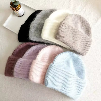 Rabbit Hair Hoodie | Women's Warm Knitted Winter Hat Solid Color Hood | Steven & Levon