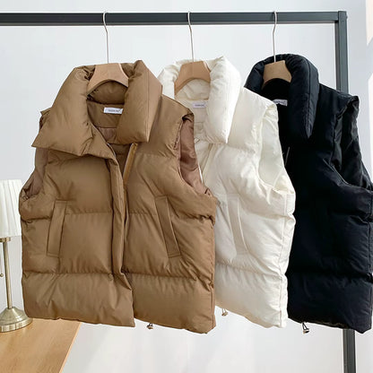 Women's Black Down Vest | Stand Collar | Sleeveless Belted Warm | Steven & Levon