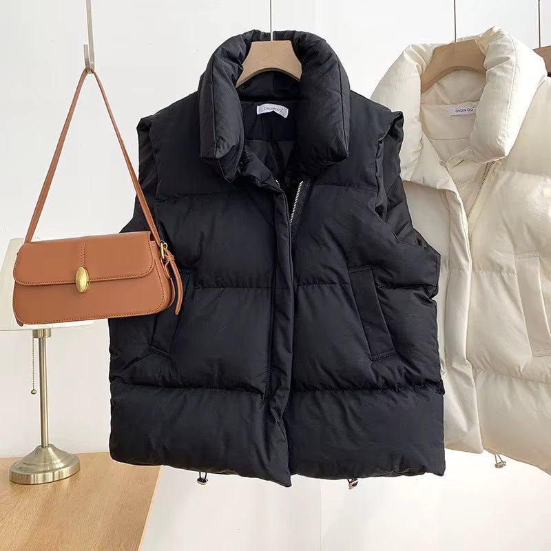 Women's Black Down Vest | Stand Collar | Sleeveless Belted Warm | Steven & Levon