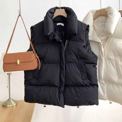 Women's Black Down Vest | Stand Collar | Sleeveless Belted Warm | Steven & Levon