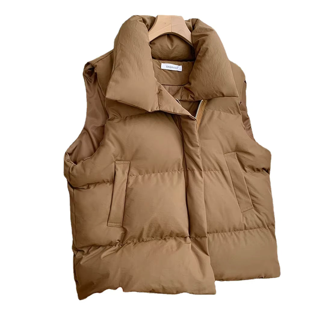 Women's Black Down Vest | Stand Collar | Sleeveless Belted Warm | Steven & Levon