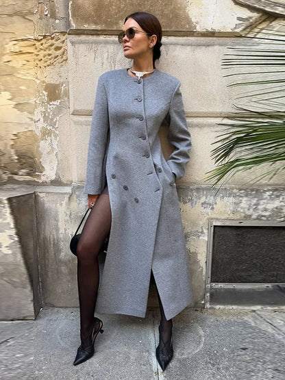 Women's Long Wool Coat | Grey Asymmetric Button | O-Neck Winter Outerwear | Steven & Levon