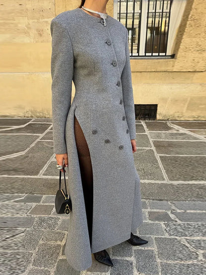 Women's Long Wool Coat | Grey Asymmetric Button | O-Neck Winter Outerwear | Steven & Levon