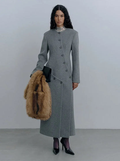 Women's Long Wool Coat | Grey Asymmetric Button | O-Neck Winter Outerwear | Steven & Levon