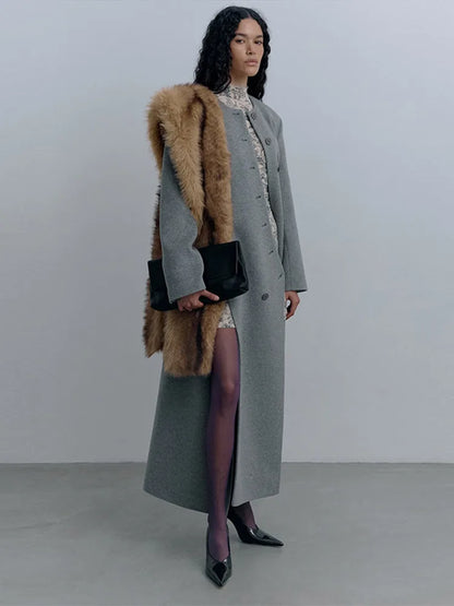 Women's Long Wool Coat | Grey Asymmetric Button | O-Neck Winter Outerwear | Steven & Levon