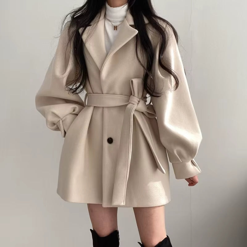 Women's Wool Coat | Lantern Sleeves | Turn-Down Collar | Lace-Up | Warm | Winter | Steven & Levon