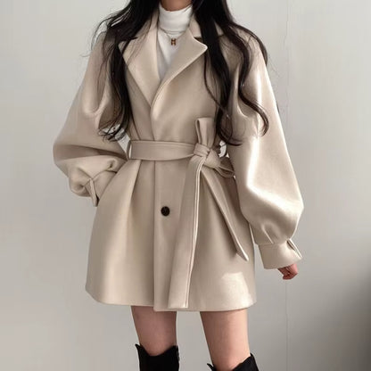 Women's Wool Coat | Lantern Sleeves | Turn-Down Collar | Lace-Up | Warm | Winter | Steven & Levon