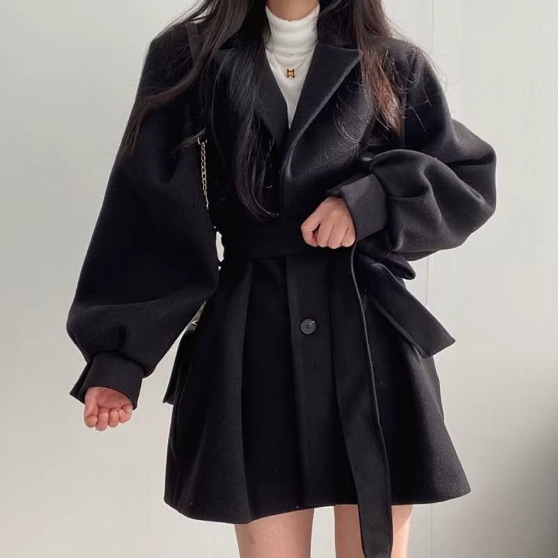 Women's Wool Coat | Lantern Sleeves | Turn-Down Collar | Lace-Up | Warm | Winter | Steven & Levon