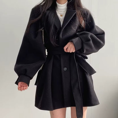 Women's Wool Coat | Lantern Sleeves | Turn-Down Collar | Lace-Up | Warm | Winter | Steven & Levon