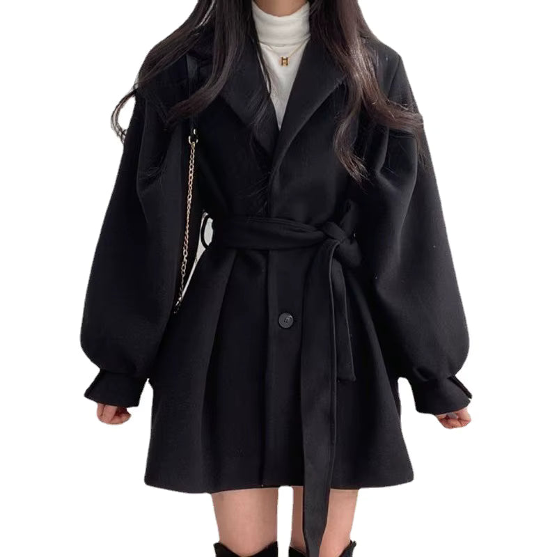 Women's Wool Coat | Lantern Sleeves | Turn-Down Collar | Lace-Up | Warm | Winter | Steven & Levon