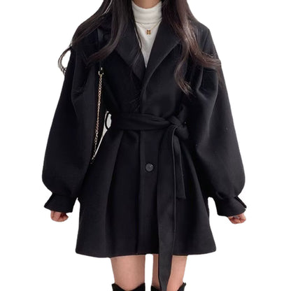 Women's Wool Coat | Lantern Sleeves | Turn-Down Collar | Lace-Up | Warm | Winter | Steven & Levon