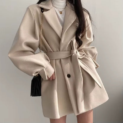 Women's Wool Coat | Lantern Sleeves | Turn-Down Collar | Lace-Up | Warm | Winter | Steven & Levon