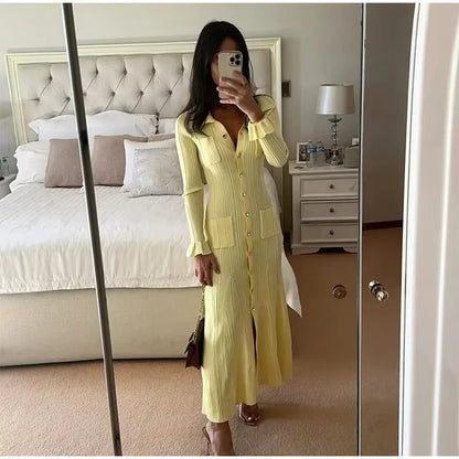 Women's Long Sleeve Knit Maxi Dress | Ruffle Hem | Button Front | Yellow | Winter | Steven & Levon
