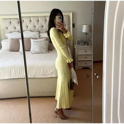 Women's Long Sleeve Knit Maxi Dress | Ruffle Hem | Button Front | Yellow | Winter | Steven & Levon