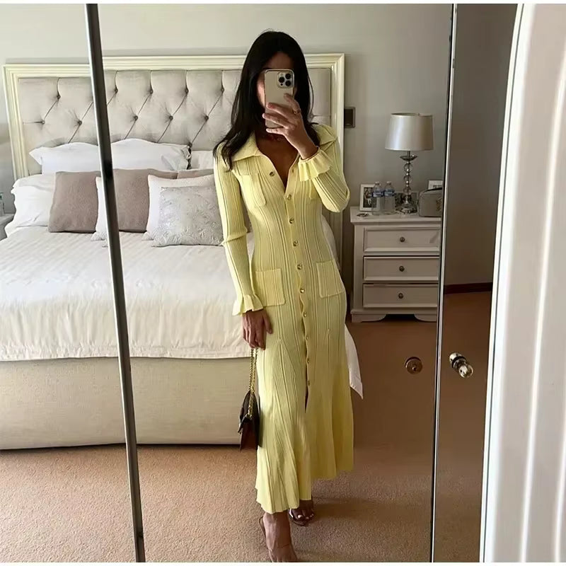 Women's Long Sleeve Knit Maxi Dress | Ruffle Hem | Button Front | Yellow | Winter | Steven & Levon