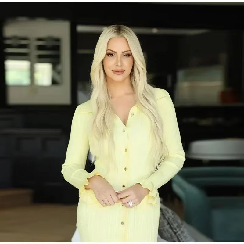 Women's Long Sleeve Knit Maxi Dress | Ruffle Hem | Button Front | Yellow | Winter | Steven & Levon