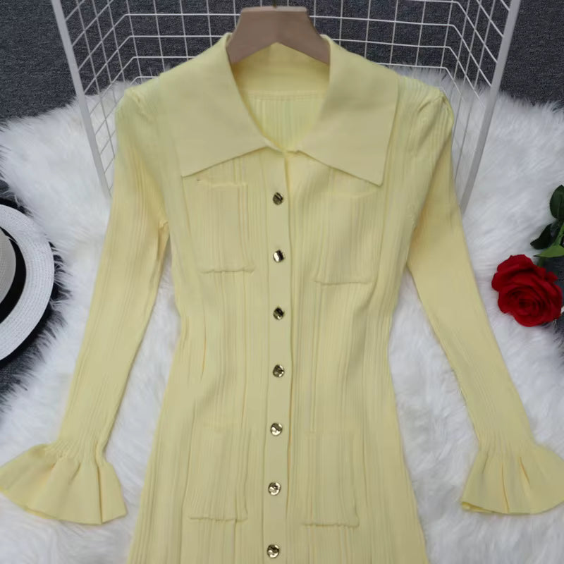 Women's Long Sleeve Knit Maxi Dress | Ruffle Hem | Button Front | Yellow | Winter | Steven & Levon