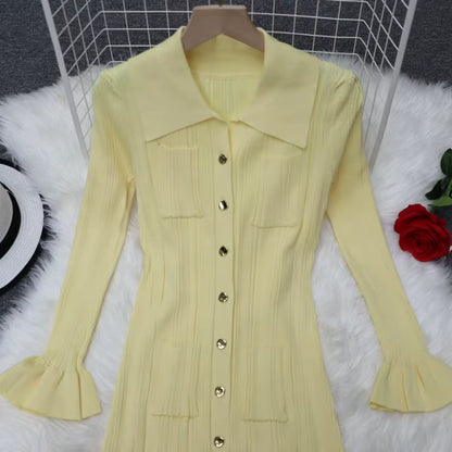 Women's Long Sleeve Knit Maxi Dress | Ruffle Hem | Button Front | Yellow | Winter | Steven & Levon