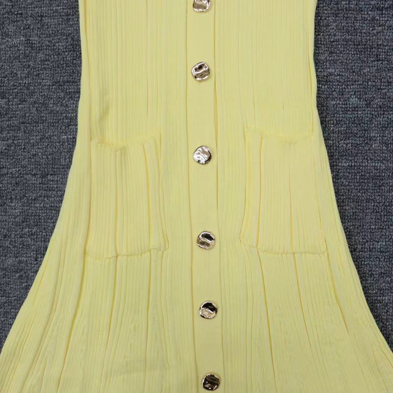 Women's Long Sleeve Knit Maxi Dress | Ruffle Hem | Button Front | Yellow | Winter | Steven & Levon