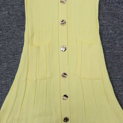 Women's Long Sleeve Knit Maxi Dress | Ruffle Hem | Button Front | Yellow | Winter | Steven & Levon