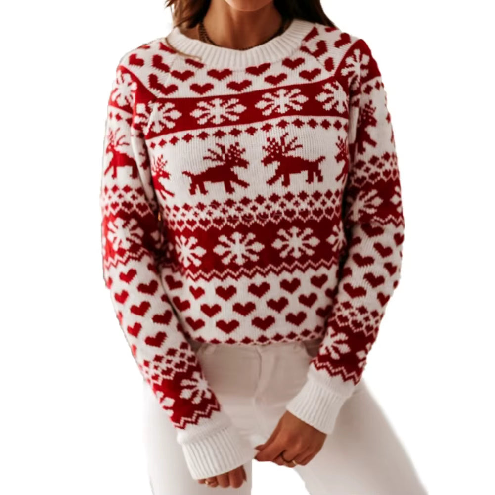 Elk Snowflake Sweater | Womens Christmas Sweater | Thick Knit | Round Neck Loose Fit | Steven & Levon