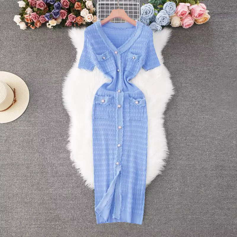 Women's Knitted Maxi Dress | V-Neck | Short Sleeve | Button Front | Blue | Elegant Style | Steven & Levon