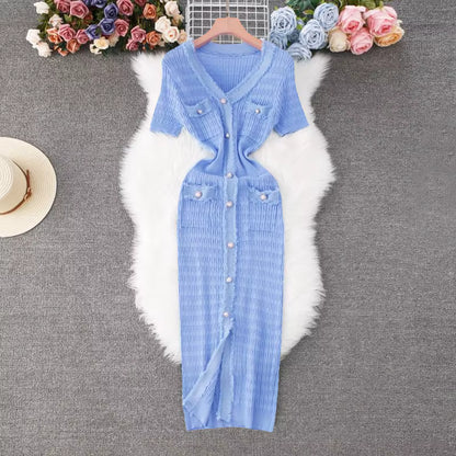 Women's Knitted Maxi Dress | V-Neck | Short Sleeve | Button Front | Blue | Elegant Style | Steven & Levon
