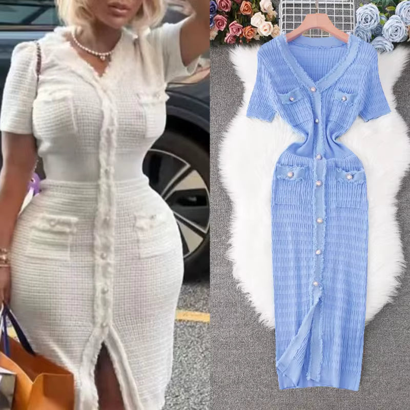 Women's Knitted Maxi Dress | V-Neck | Short Sleeve | Button Front | Blue | Elegant Style | Steven & Levon