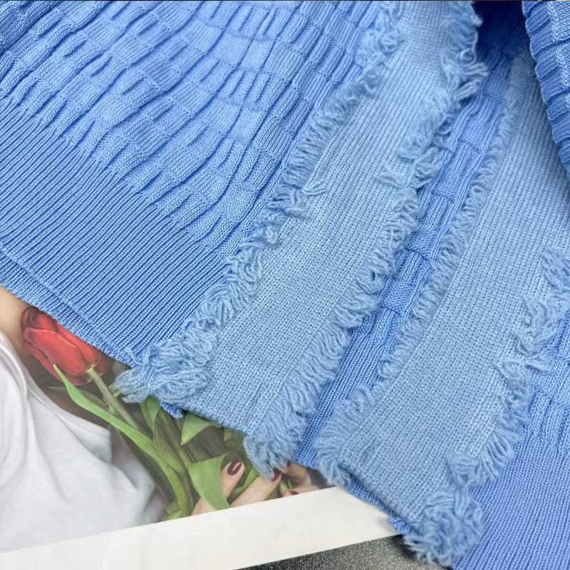 Women's Knitted Maxi Dress | V-Neck | Short Sleeve | Button Front | Blue | Elegant Style | Steven & Levon