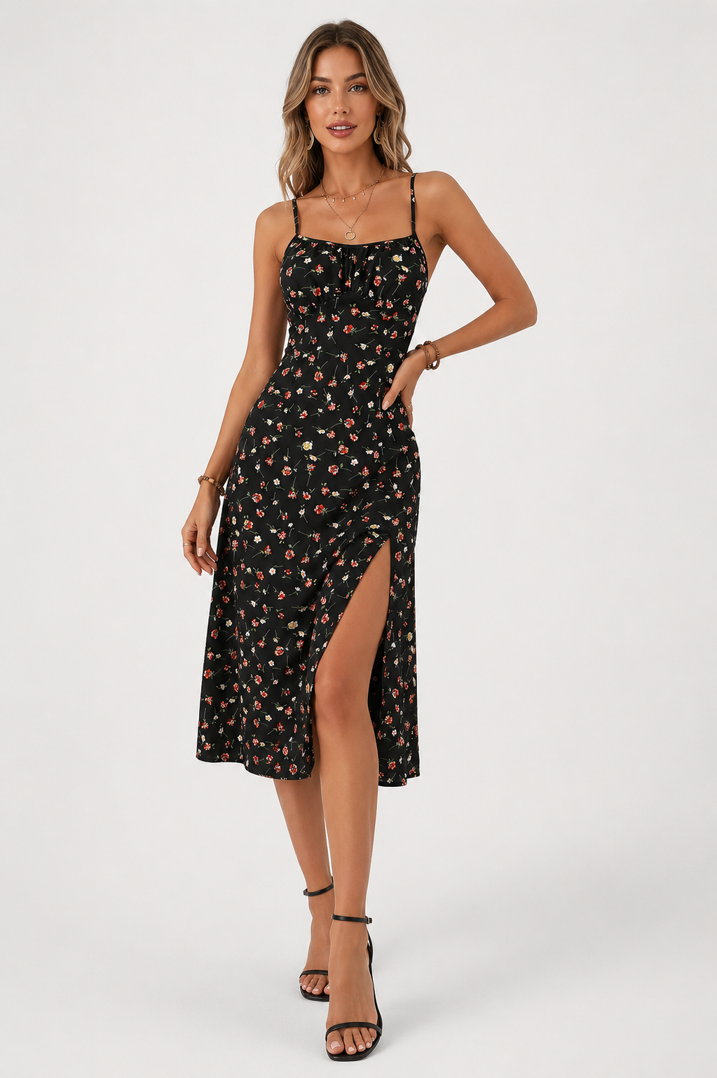 Midi Dress | Women's Floral Square Neck Spaghetti Strap Dress | Steven & Levon