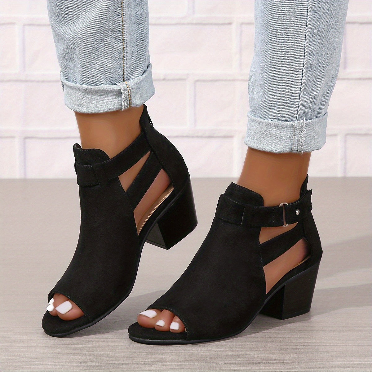 Elegant Peep-Toe Block Heel Sandals | Buckle Ankle Strap & Cut-Out Design | Steven & Levon
